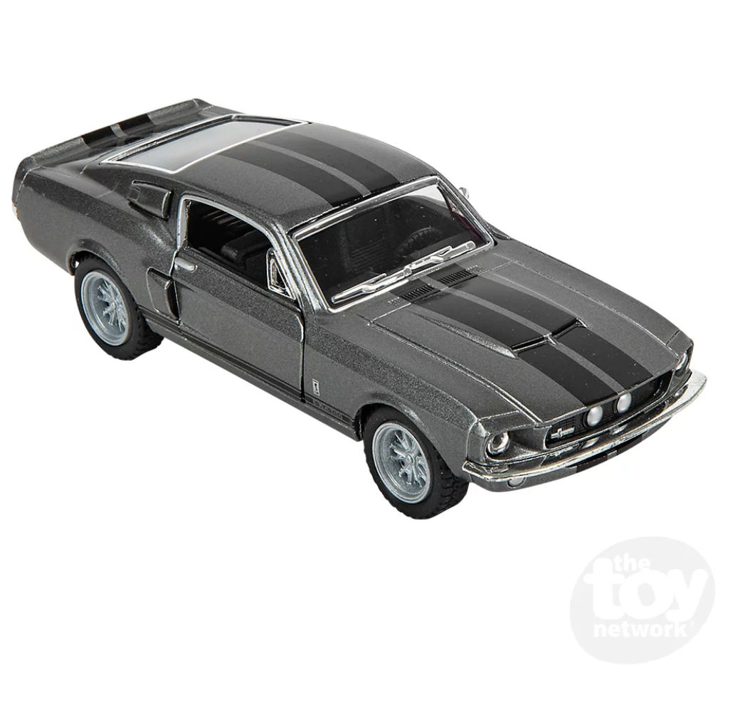 Shelby GT500 1967 5-inch die-cast model car in metallic gray with black stripes and opening doors.