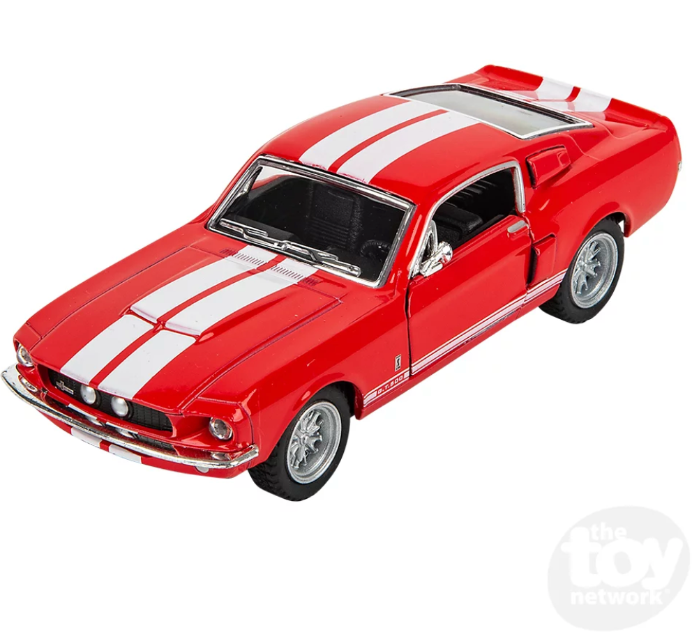Red 5" die-cast Shelby GT500 1967 with white stripes and functional doors that open and close.