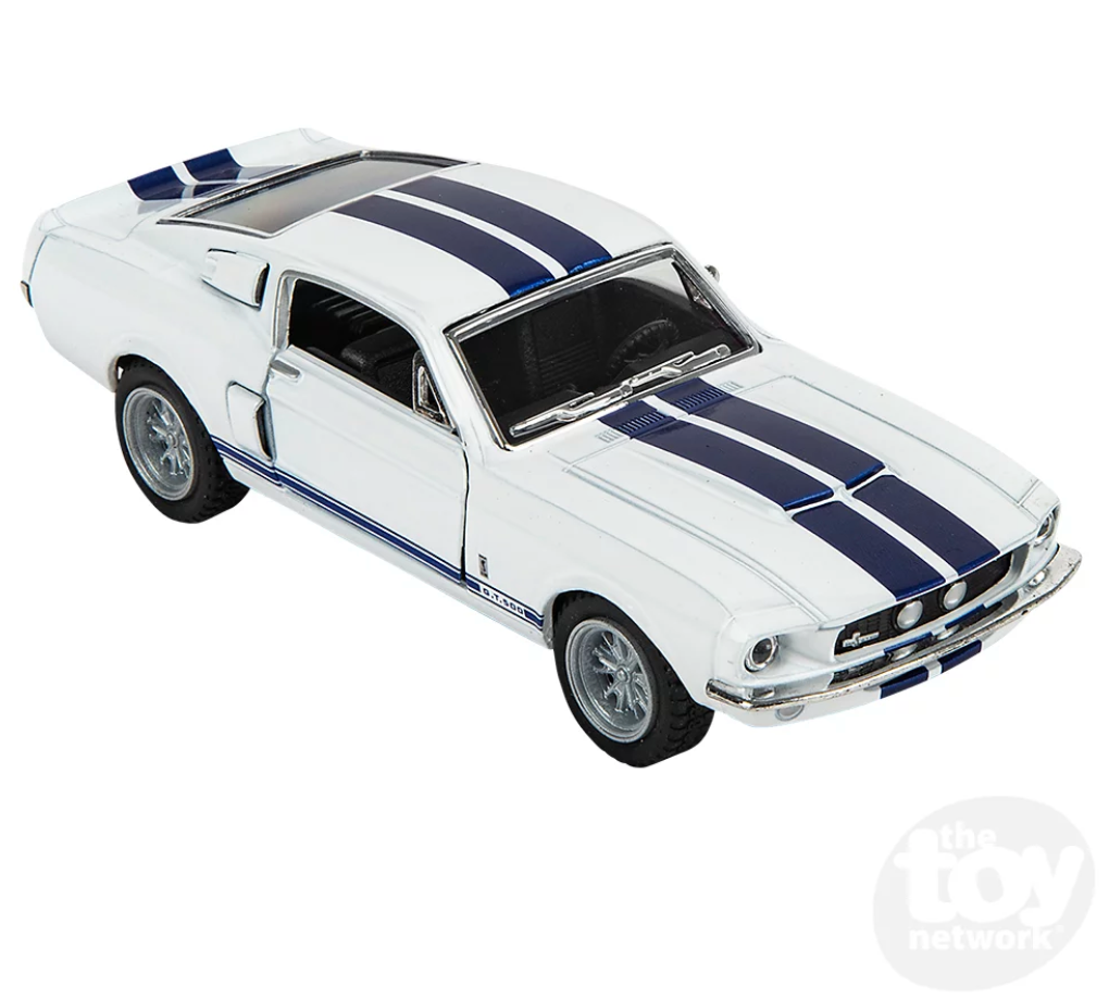 Shelby GT500 1967 5-inch die-cast car in white with blue stripes and functional doors open on white background