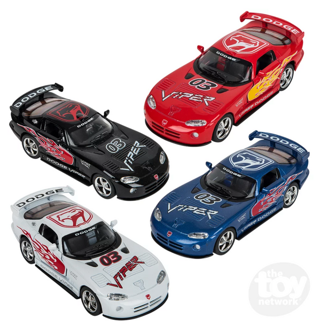 Four 5-inch Die-Cast Dodge Viper GTS-R cars in red, black, blue, and white with opening doors.