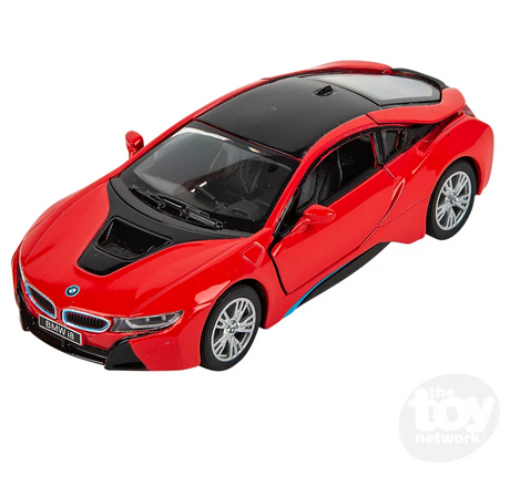 Die-cast 5" BMW i8 toy car in red with functional doors that open and close, drives forward when pulled back.