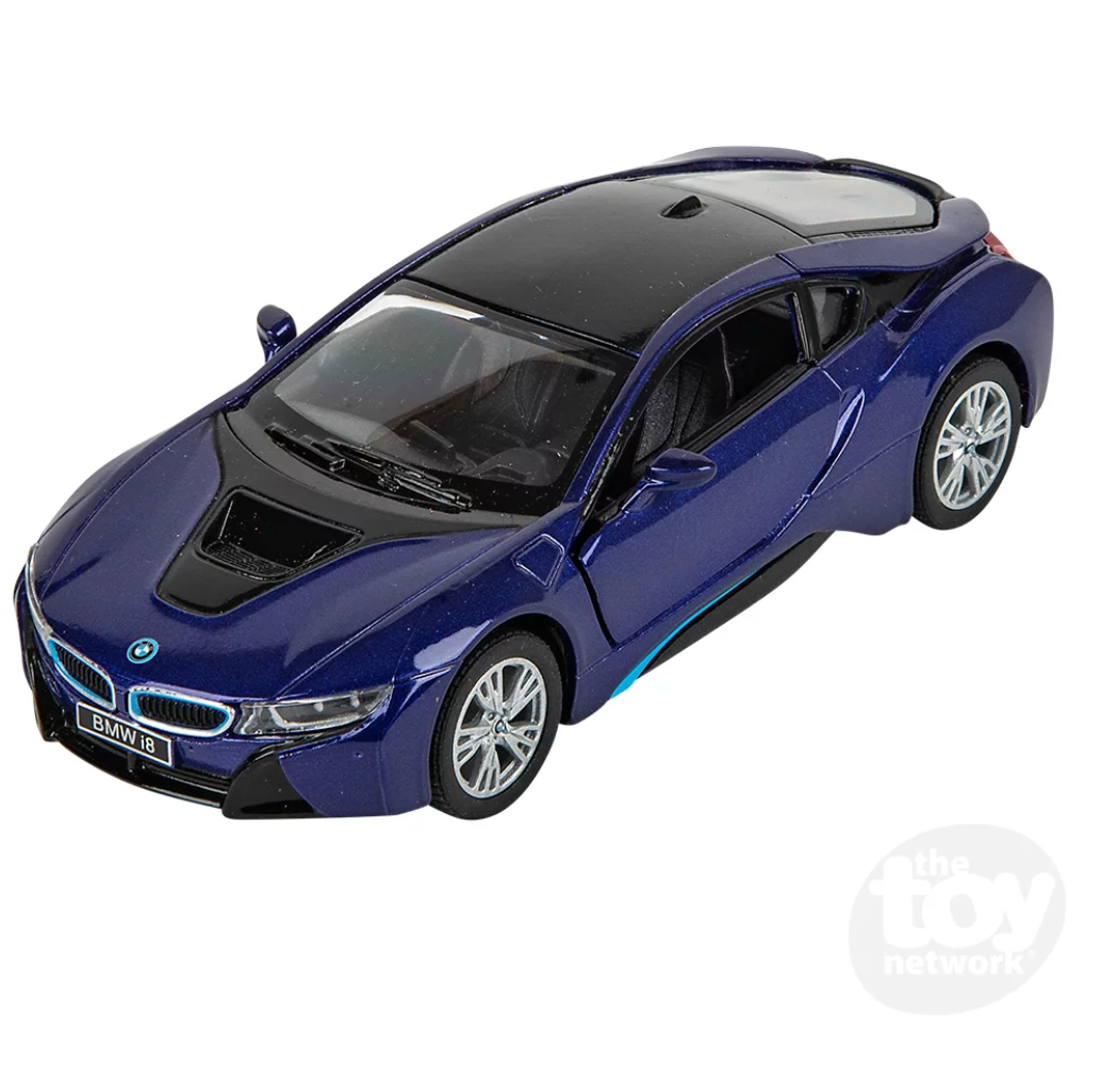 5" Die-Cast BMW i8 toy car in blue with functional doors that open and close, pulls back to drive forward.