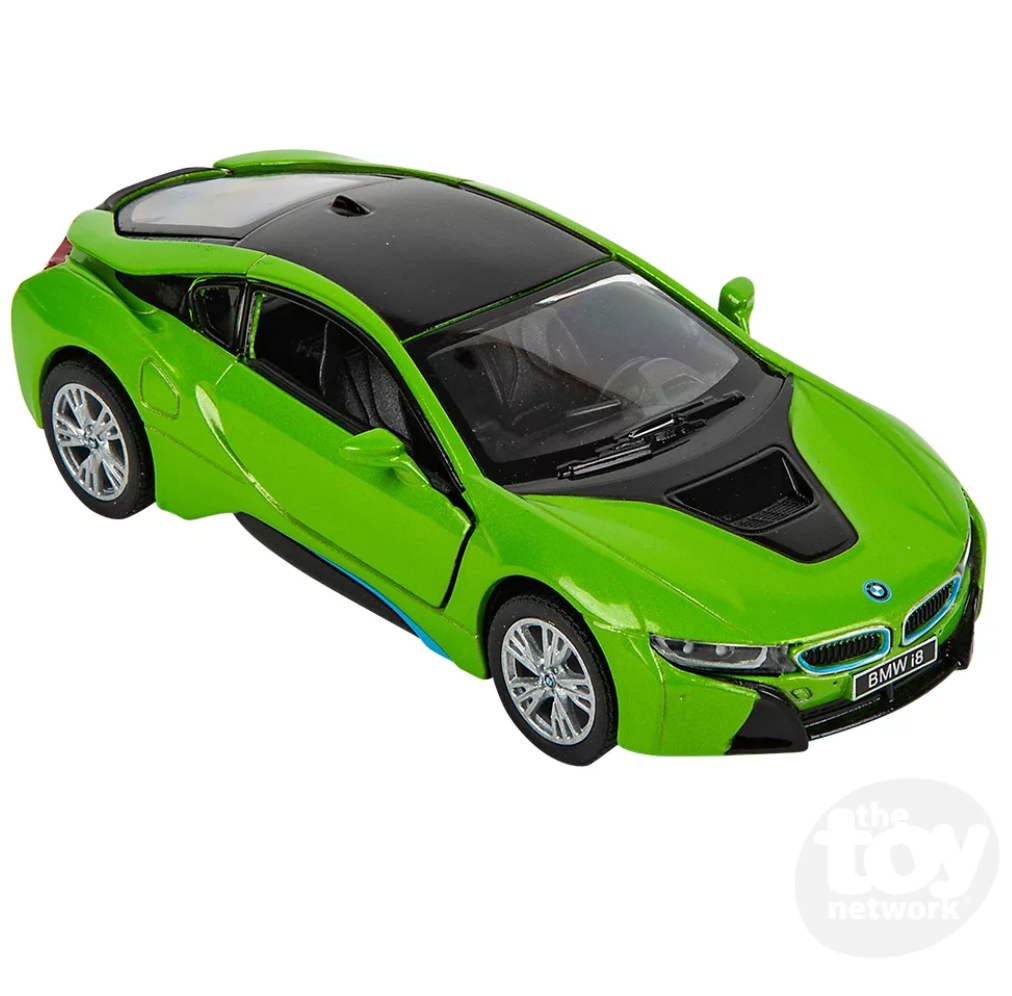 BMW i8 5-inch die-cast green toy car with functional opening doors and pull-back drive feature.