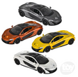 Four 5-inch Diecast Pull Back McLaren P1 cars in silver, orange, yellow, and white with openable doors.