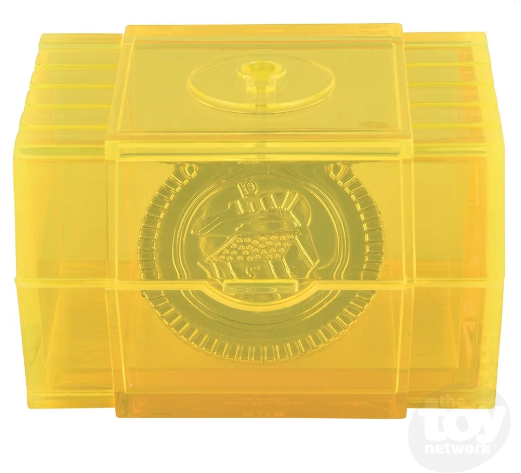 Yellow translucent brainteaser box with a detailed coin design, perfect for Kids aged 5+, titled Mystery Puzzle Chest.