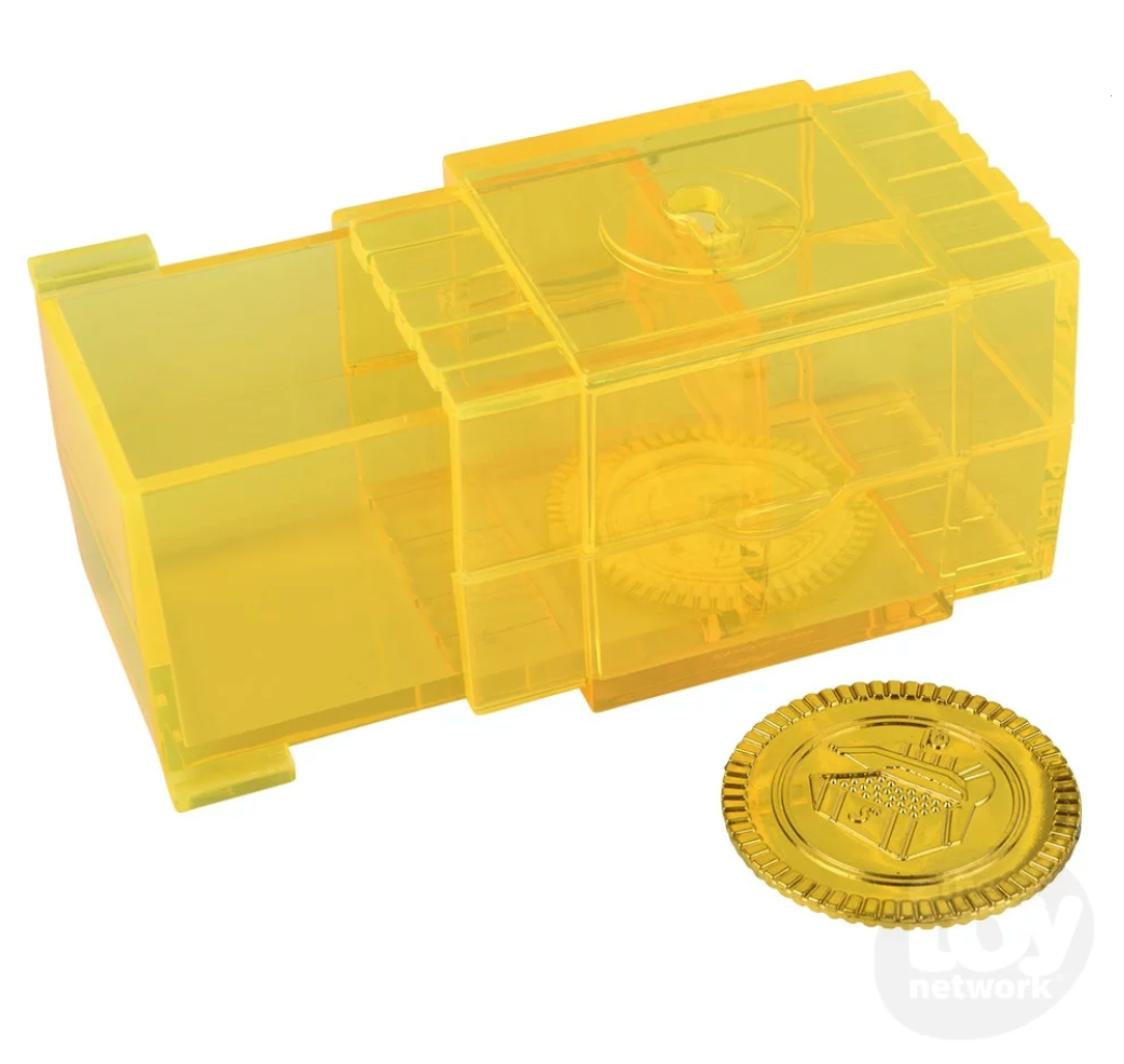 Mystery Puzzle Chest toy with a yellow transparent slide-out compartment and a gold treasure coin inside.