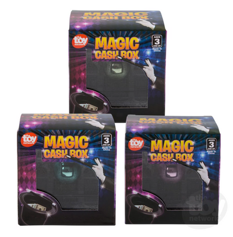 Magic Cash Box packaging showcasing the toy that makes coins magically disappear, suitable for ages 3 and up.