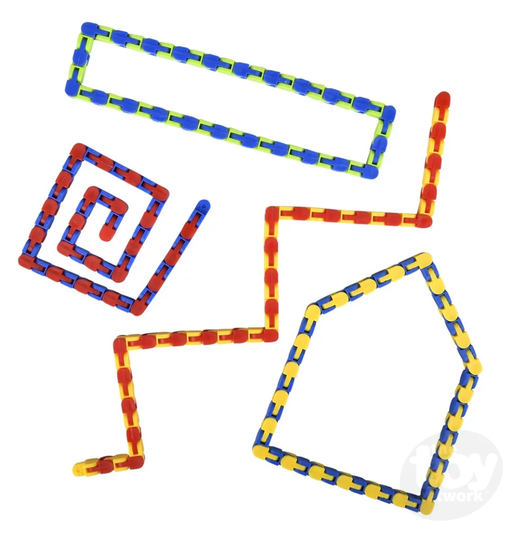 Snap & Click Puzzle showing assorted colorful linked shapes promoting creativity and hand-eye coordination for kids ages 3+