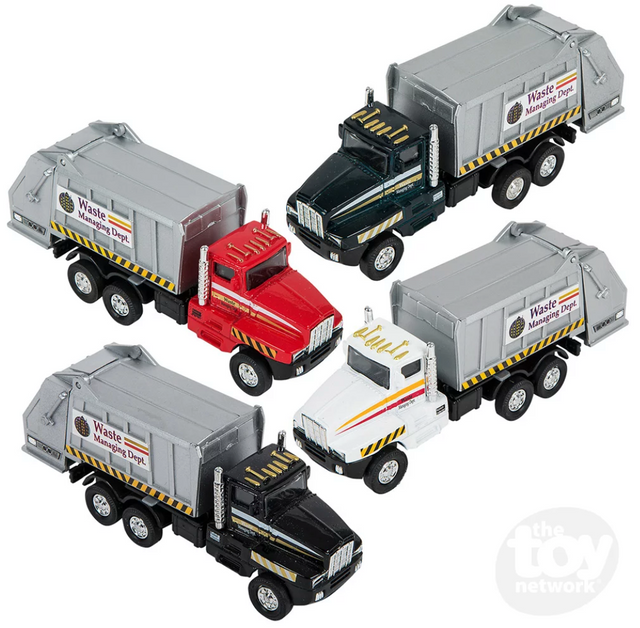 Garbage Truck toy set with die-cast metal and pullback action in assorted colors, 6-inch collectible vehicles.