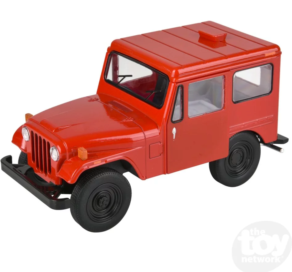 Jeep DJ-5B 1971 diecast model in red with functional wheels and pull-back action for smooth movement.