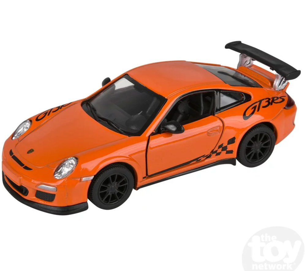 5" Diecast Pull Back 2010 Porsche 911 GT3 RS in orange with openable doors and pull-back feature for kids ages 3+