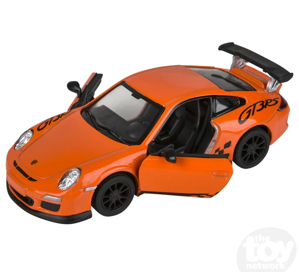 Orange 5" Diecast Porsche 911 GT3 RS with openable doors and pull-back feature for kids ages 3 and up.