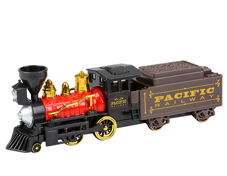 Steam Engine Locomotive die-cast model train with pull-back action, detailed red and black design, Pacific Railway style.