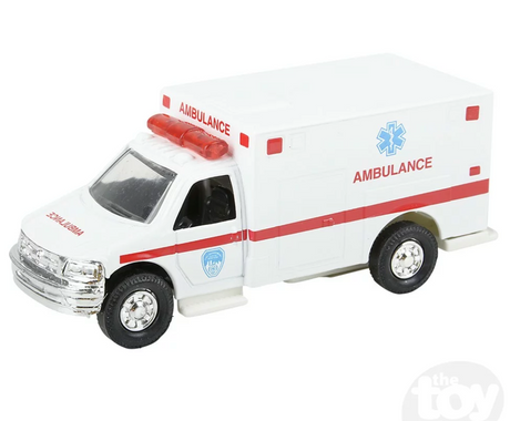 Ambulance 5-inch die-cast toy with pullback action and opening back, detailed emergency vehicle for kids ages 3 and up.