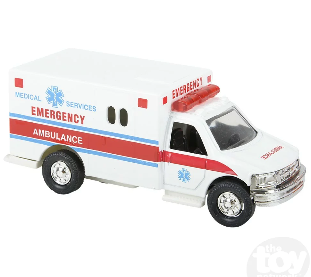 Ambulance toy featuring a white die-cast body, emergency lights, and medical services decals with pullback action.