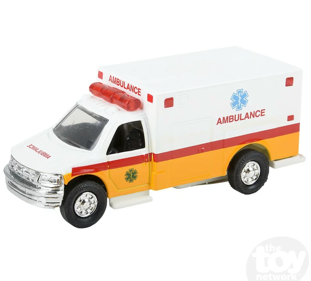 Ambulance die-cast toy with pullback action and opening rear, detailed white and yellow design, perfect for ages 3 and up.