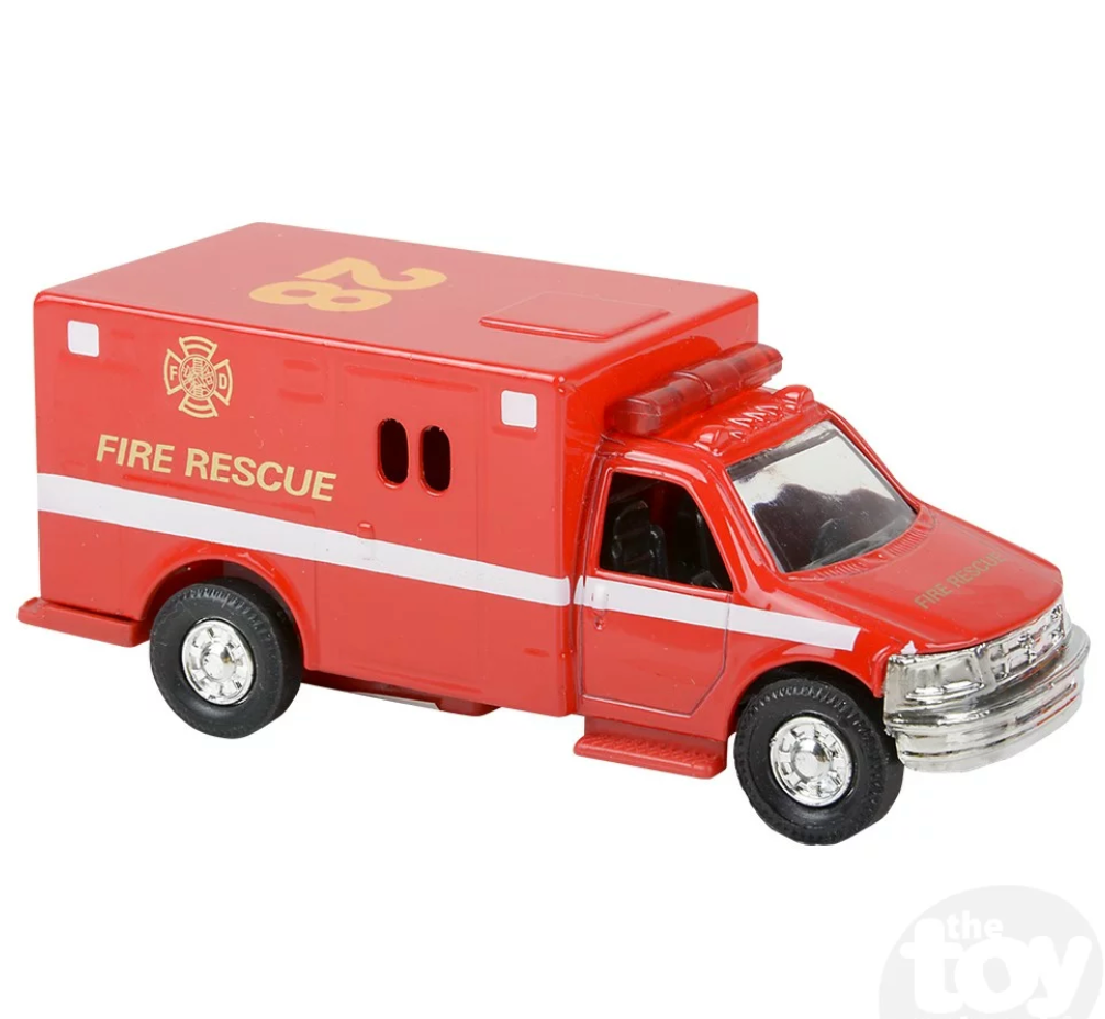 Ambulance 5" die-cast toy with pullback action and opening back, detailed fire rescue design for kids ages 3 and up