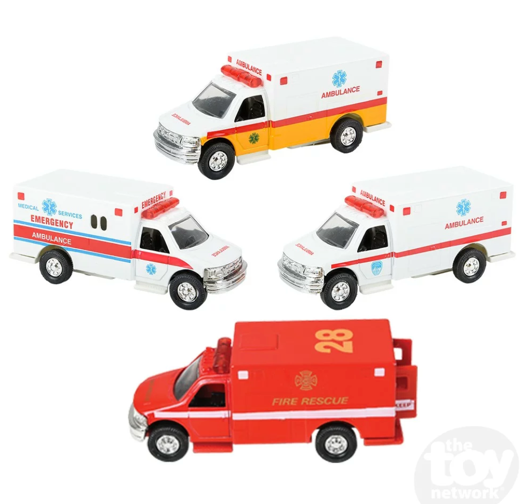 Ambulance 5" die-cast toy vehicles with pullback action and opening backs in assorted emergency styles.