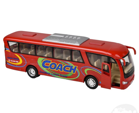 Coach Bus 7" diecast metal toy with pull-back action and openable doors, perfect for ages 3+ play.