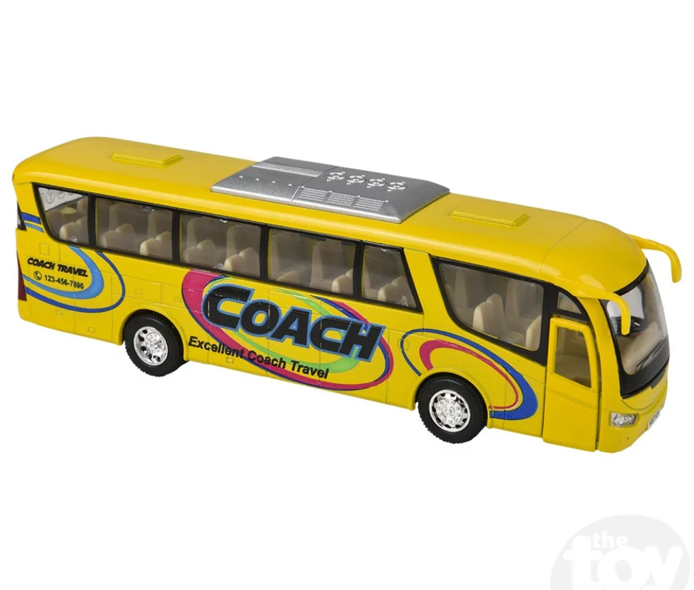 Coach Bus 7" diecast pull back toy bus with yellow exterior, openable doors, and detailed interior seats.