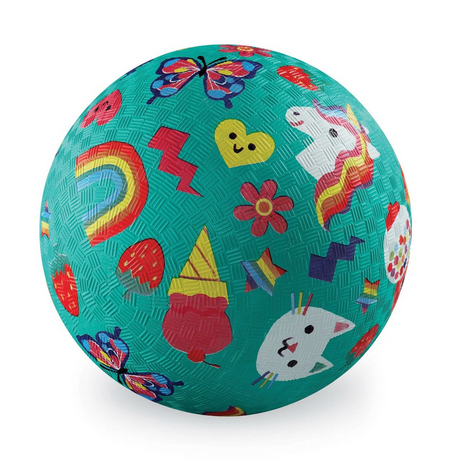 Playground Ball | Smiley with colorful friendly faces, unicorn, rainbow, butterflies on durable textured inflatable surface.