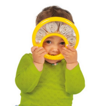Baby Tamborine held by a toddler, featuring a bright yellow lightweight design with 4 pairs of jingles for safe play.