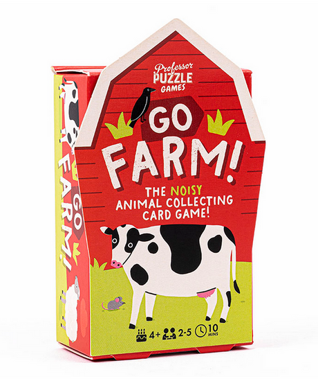 Go Farm! card game packaging with a cow illustration and red barn design for animal collecting fun.