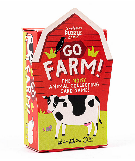 Go Farm! card game packaging with a cow illustration and red barn design for animal collecting fun.