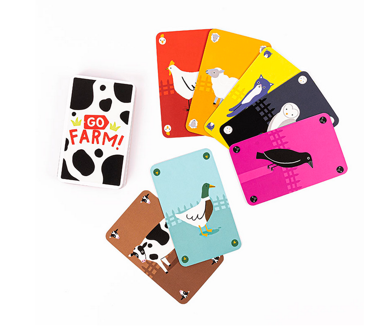 Go Farm! card game with colorful animal cards including chicken, sheep, owl, duck, cow, and crow on a white background.