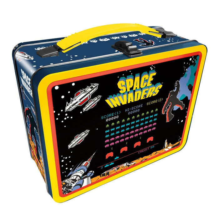Space Invaders Tin Fun Box with retro game art, durable metal latch, collapsible handle, and sturdy tin construction.