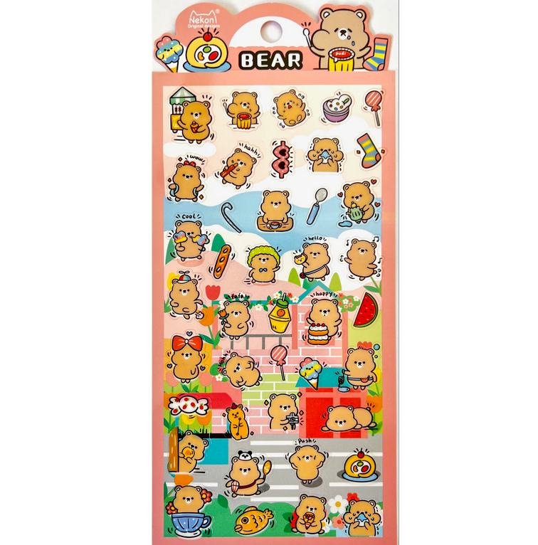 Bear Party Stickers sheet featuring cute bears in various playful scenes for notes, planners, and creative projects.