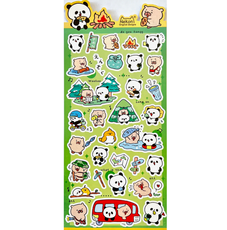 Panda & Beaver Camping Stickers sheet featuring cute camping-themed panda and beaver characters for notes and planners.