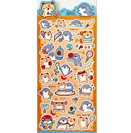 Shark & Tiger Sports Stickers sheet featuring cute shark and tiger characters in various sports and playful poses.