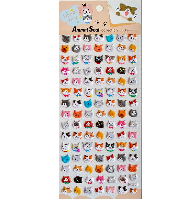 Cats Puffy Stickers sheet with colorful cat faces, perfect for decorating notes, planners, and letters creatively.