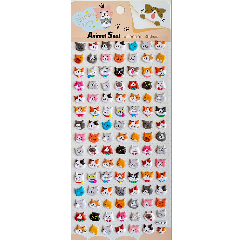 Cats Puffy Stickers sheet with colorful cat faces, perfect for decorating notes, planners, and letters creatively.