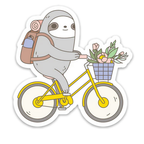 Biking Sloth Sticker showing a cute sloth riding a yellow bike with a basket of flowers on a white background.