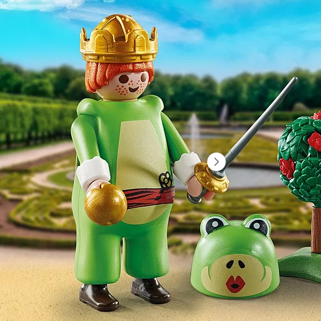 Special Plus | Frog Prince figure dressed in frog costume with crown, rapier, gold ball, and rose tree toy set.