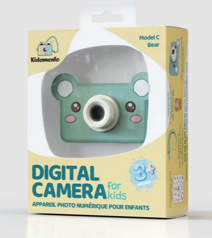 Digital Camera Model C | Mikayo the Bear in green silicone case, kid-friendly digital camera for ages 3 to 7.
