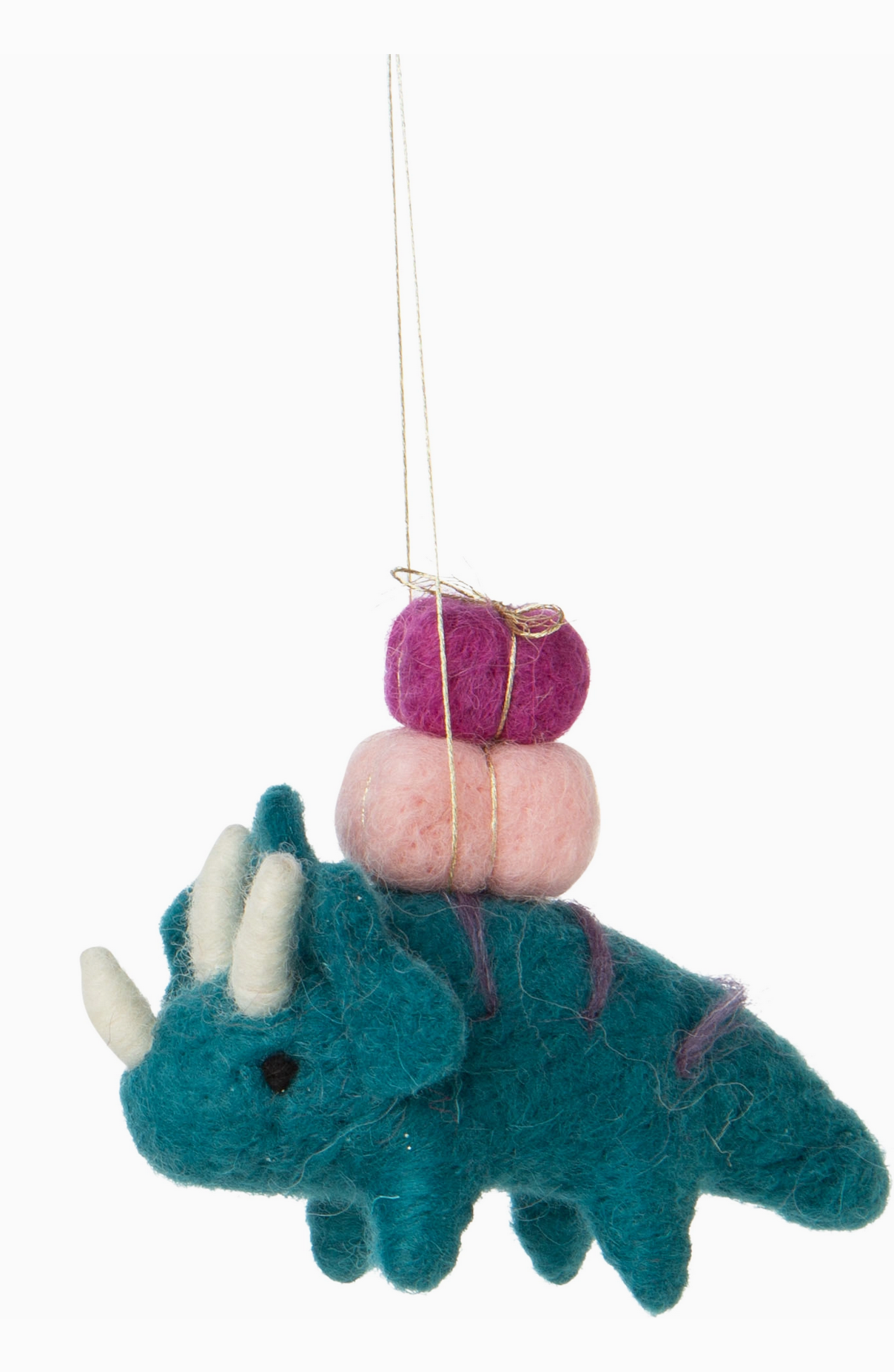 Blue Triceratops Felt Ornament hanging with colorful felt gifts, handmade felt Christmas dinosaur ornament.