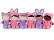Recycled Baby Doll | Mini set featuring diverse plush dolls in pink and purple animal onesies with bunny, cat, and bear ears.