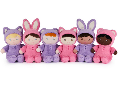 Recycled Baby Doll | Mini set featuring diverse plush dolls in pink and purple animal onesies with bunny, cat, and bear ears.