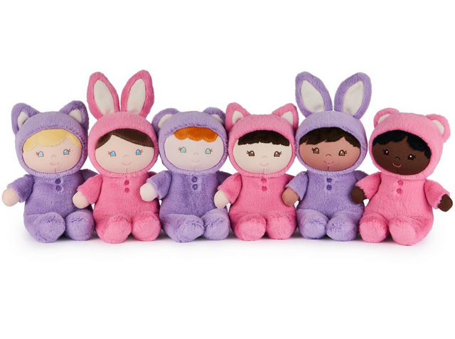 Recycled Baby Doll | Mini set featuring diverse plush dolls in pink and purple animal onesies with bunny, cat, and bear ears.