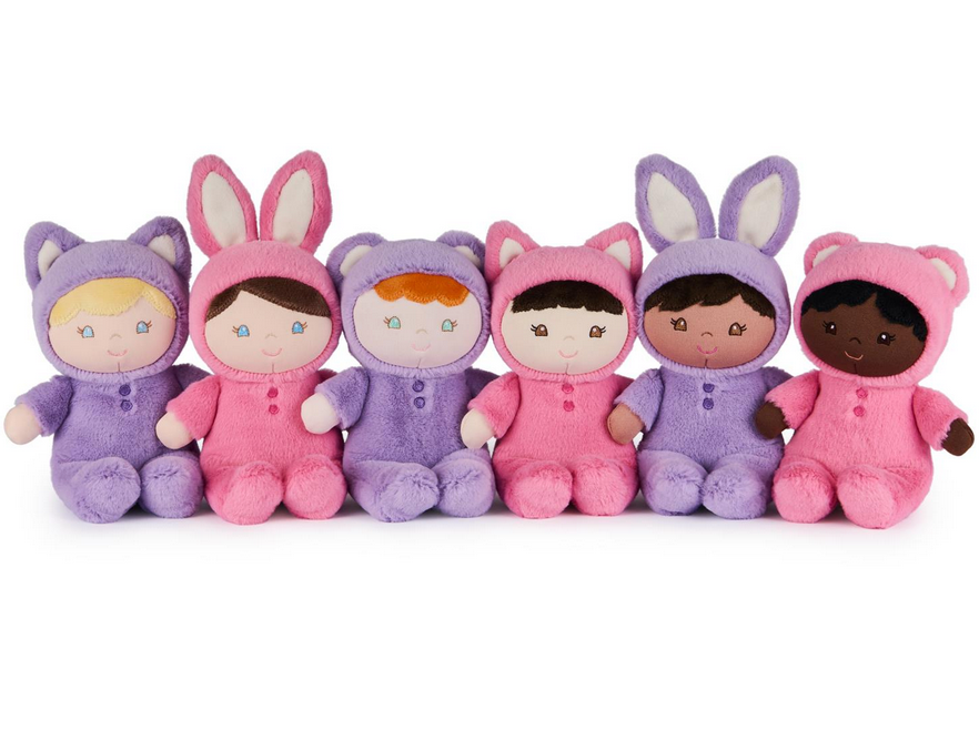 Recycled Baby Doll | Mini set featuring diverse plush dolls in pink and purple animal onesies with bunny, cat, and bear ears.