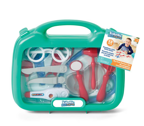 Doctor Kit with medical case, thermometer, reflex hammer, stethoscope, and other tools for kids' pretend play.