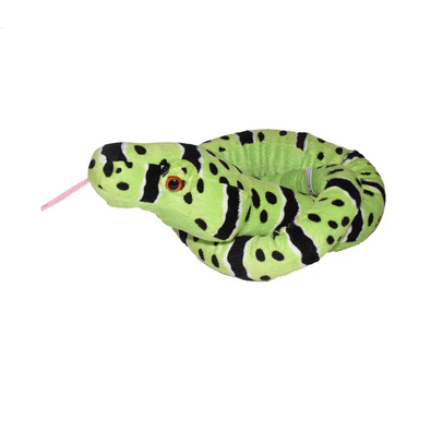 Green Rock Rattler Snake plush toy with fuzzy green fur, black spots, and stripes, perfect for cuddling and playtime.