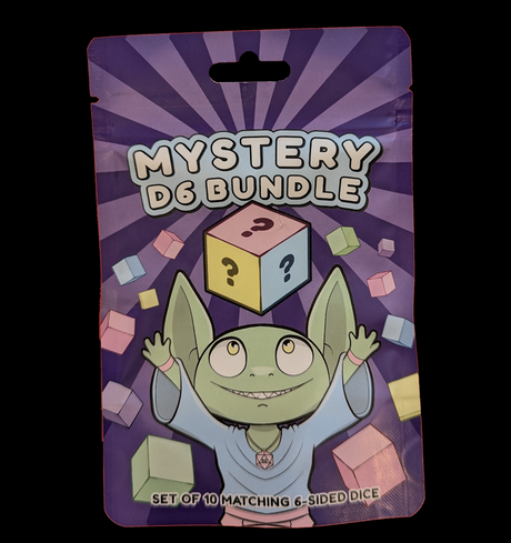 Mystery D6 Dice Bag packaging featuring a colorful design with a goblin character and 10 matching six-sided dice inside.