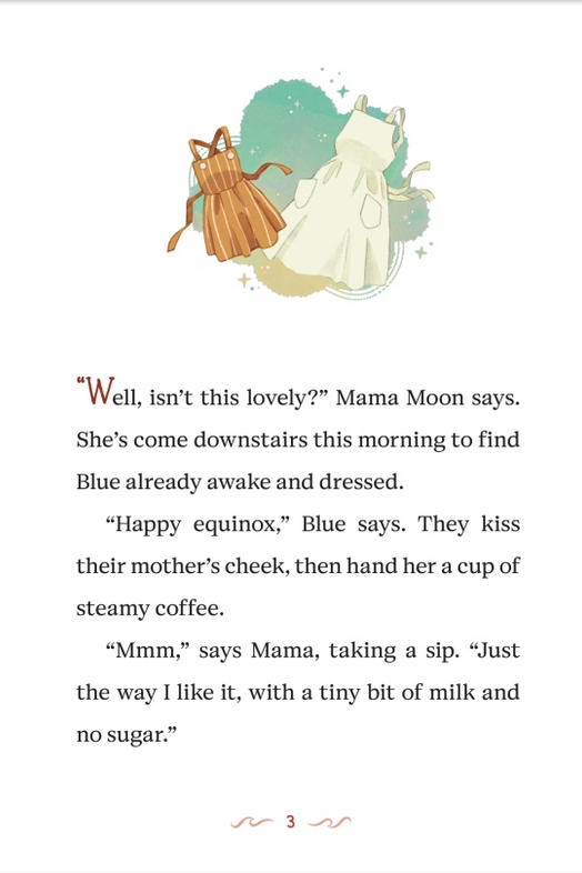 Illustration of two dresses floating above text from a children’s chapter book about change and magic.