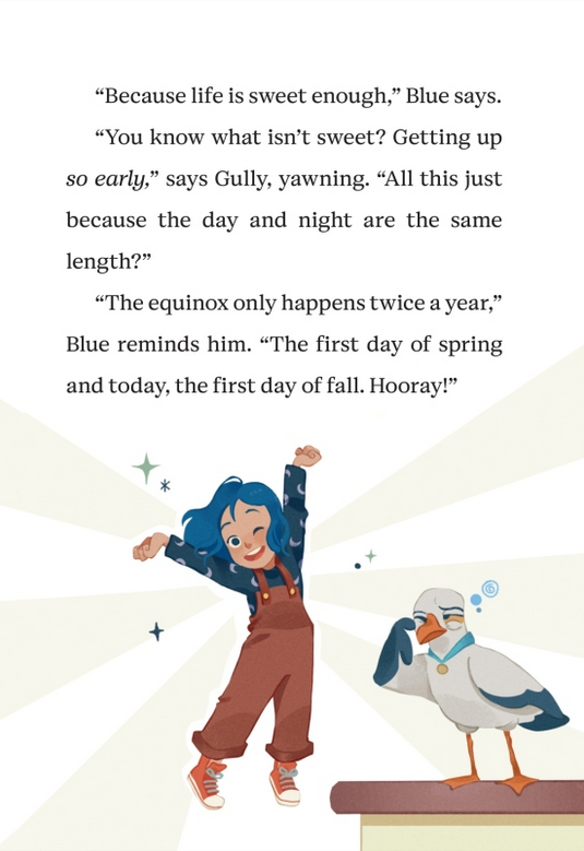 Young witch Blue joyfully stretches while sleepy bird Gully yawns on a ledge in a cozy magical book scene.