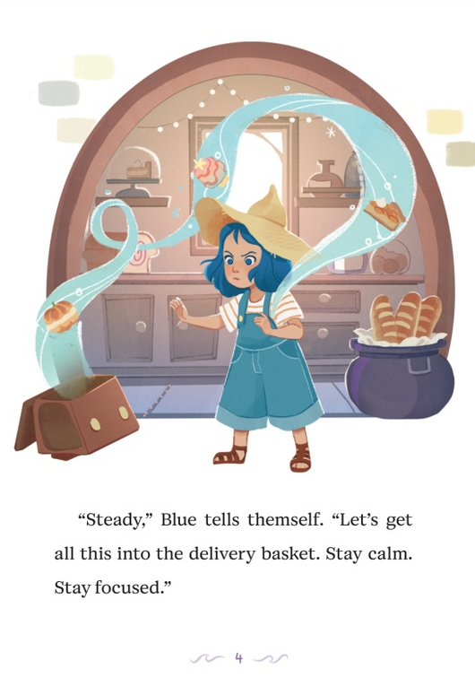 Young Blue in a magic bakery uses gentle spells to gather baked treats for delivery in a cozy kitchen setting.