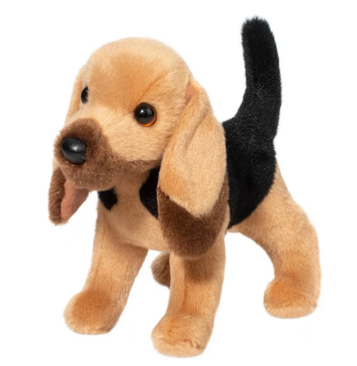 Bloodhound Trapper plush toy with floppy ears, black tail, amber eyes, and black nose, perfect for ages 2 and up.